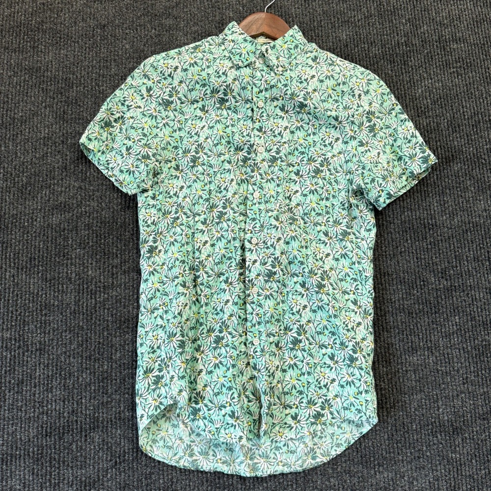J.Crew Women's XS Green Floral 100% Linen Short Sleeve Button Down Shirt